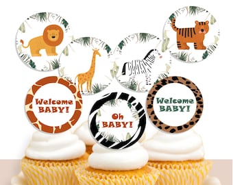 Safari Animal Round Cupcake Toppers for Baby Shower - Printable Jungle Theme Party Decorations BS87