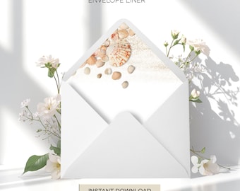 Seashells Beach Wedding Envelope Liner Template Instant Print, W159