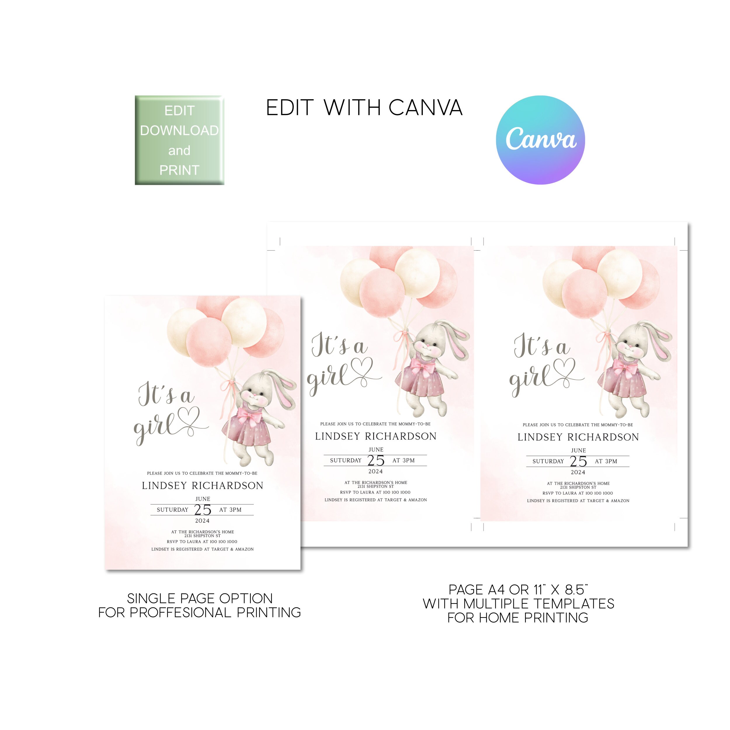 Editable Pink Bunny Balloon Baby Shower Invitation for Girls - Digital ...