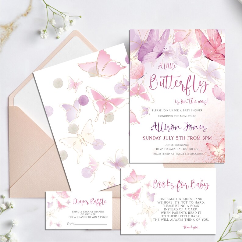 Butterfly Baby Shower Invitation, Pink and Purple Butterfly, Baby