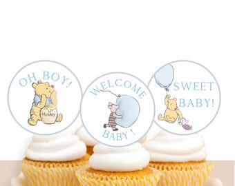 Printable Baby Boy Shower Cupcake Toppers: Winnie the Pooh-Themed Celebration Decorations, BS136