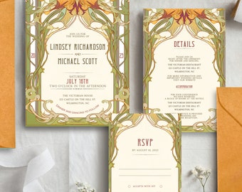 Victorian Wedding Invitation Template, Art Nouveau Style Digital Download