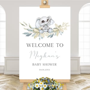 Letrero de bienvenida personalizado con elefante azul para baby shower BS112