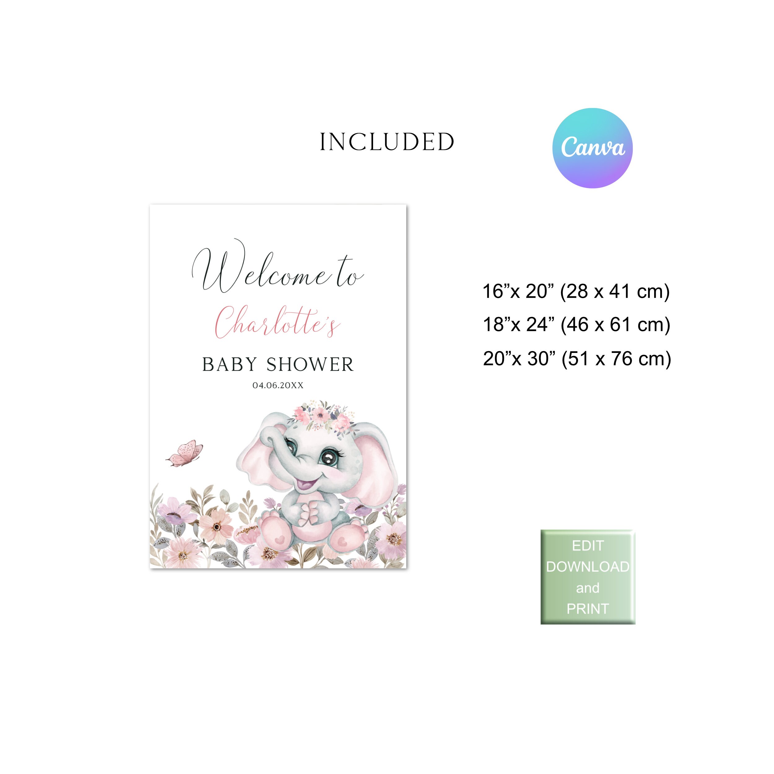Elephant Baby Shower Welcome Sign, Editable Baby Shower Sign, Baby ...