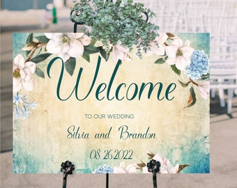 Wedding Welcome Sign, Editable Template, Blue Magnolia Flowers Instant Download