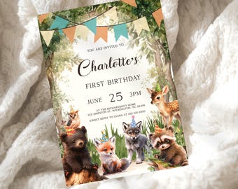 Printable Woodland Birthday Invitation Template Forest Animals Instant Download, BIR17