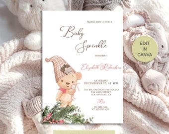 May include: Baby Sprinkle invitation with a teddy bear illustration wearing a plaid hat and holding a toy bunny. The invitation includes event details and the text "Instant Download."