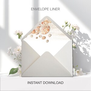 May include: An open white envelope with a decorative liner featuring a pattern of various tan and white seashells on a sandy background. The text ENVELOPE LINER is printed above the envelope and INSTANT DOWNLOAD is printed below the envelope.