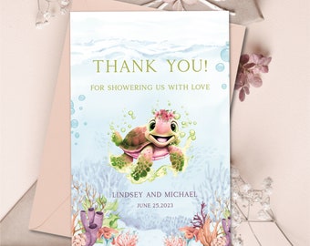 Tortue | Carte de remerciement pour une baby shower, modèle de carte Tank You modifiable, BS67