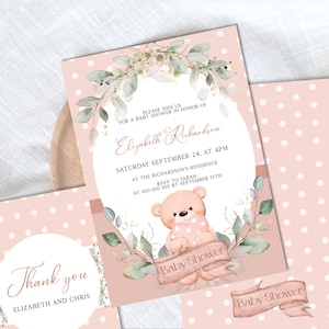 Teddybär Baby Shower Einladung Mädchen, Dusty Pink Einladung Sofortiger Download