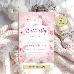 May include: A baby shower invitation with a pink butterfly theme. The invitation features the text "A baby Butterfly is on the way!" and details for Lindsey Richardson's baby shower. The design includes watercolor butterflies and the words "Instant Download".