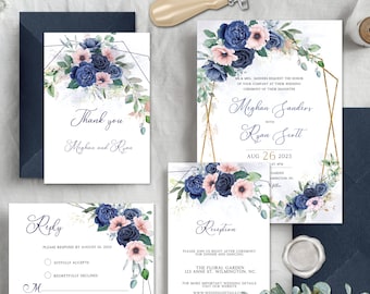 Invitation de mariage bleu, suite de mariage floral, modèle imprimable téléchargement numérique