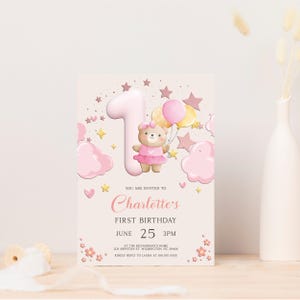 Invito per il primo compleanno di una bambina, modello digitale modificabile per invito a palloncino