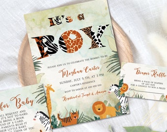 Może przedstawiać: Zestaw zaproszeń na baby shower z ilustracjami zwierząt z dżungli, w tym żyrafy, zebry i lwa. Tekst brzmi It's a BOY z literami w zwierzęce wzory, Meghan Carter, niedziela 5 lipca o 15:00, Carter's residence oraz informacje o rejestracji.