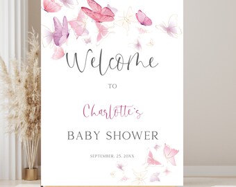Letrero de bienvenida para baby shower de niñas con mariposas, póster de bienvenida con mariposas rosas.