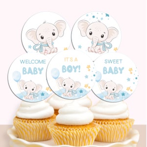 Elephant Cupcake Topper, Blue Baby Shower Decorations, Muffin Toppers, Baby Shower Cupcake Toppers Instant Print, BS86