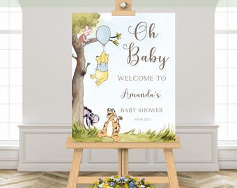 Winnie The Pooh Baby Shower Welcome Sign, Boy Baby Shower Sign, Winnie the Pooh Piglet Blue Balloon, Baby Shower Decorations BS136