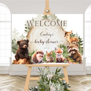 Modello di cartello di benvenuto per baby shower nel bosco, baby shower con animali della foresta, modello stampabile, download immediato, BS17