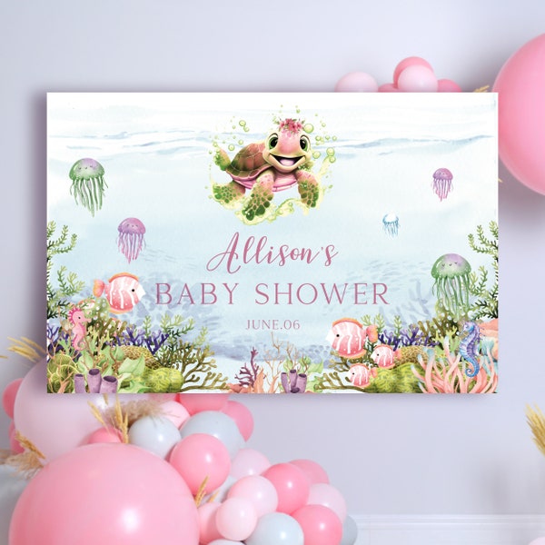 Schildkröte | Babyparty-Banner oder Hintergrund, Unterwasserwelt, Partydekorationen, Baby-Mädchen-Banner-Vorlage, BS67