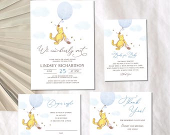 Printable Winnie the Pooh Blue Balloon Baby Shower Invitation - Digital Download Editable Template BS136