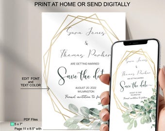 Può includere: Un modello digitale di save the date per matrimoni con cornice geometrica dorata e foglie di eucalipto verdi. Il testo recita Sana Jones & Thomas Panken are getting married, Save the date, August 20, 2022, Wilmington. Include file PDF.