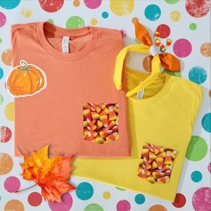 Candy corn pocket tee / candy corn shirt   / Halloween candy shirt / Request your favorite color in comments at checkout / Unisex shirts