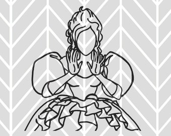 Könnte beinhalten: Eine Schwarzweiß-Zeichnung einer Frau in einem Kleid, die ihre Hände vor ihrem Gesicht erhoben hat. Sie trägt ein großes, bauschiges Kleid mit einem Rüschenrock.