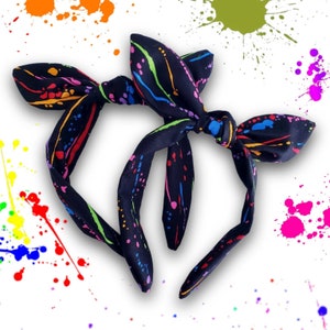 1 Black Splatter paint Headband / Festival of the Arts / Artsy Knotty Bow knotted bow One size fits most Rainbow splatter  knotted headband
