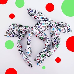 CHRISTMAS doodles Headband / Hand drawn Christmas Holiday doodles Bow / Santa Knotty Bow /  Snow man BOW/ One size fits most