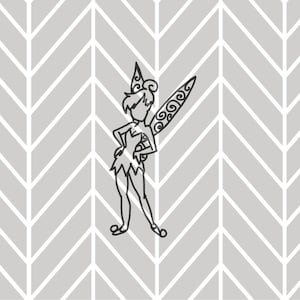 May include: A black and white line drawing of a fairy with a pointed hat, wings, and a dress. The fairy is standing with her arms crossed and a determined expression on her face.