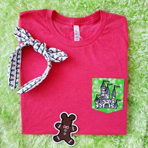 Holiday Christmas Castle Pocket tee / Custom pocket t-shirt/ Request your favorite color in comments at checkout / Unisex shirts
