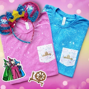 Make it Pink / Make it Blue Sleeping Beauty Splatter pocket tees / Princess Crown shirt / Bleached Splatter tees / Once Upon a Dream shirt
