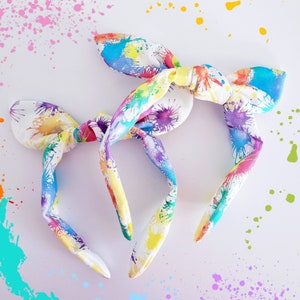 RTS Splatter paint Headband / Festival of the Arts / Artsy Knotty Bow / knotted bow One size fits most / Rainbow splatter  knotted headband