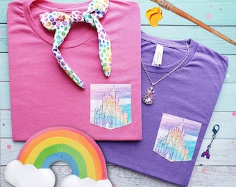 Watercolor castle pocket Tee /  Magical Kingdom / Custom pocket t-shirt/ Request your favorite color in comments at checkout / Unisex shirts