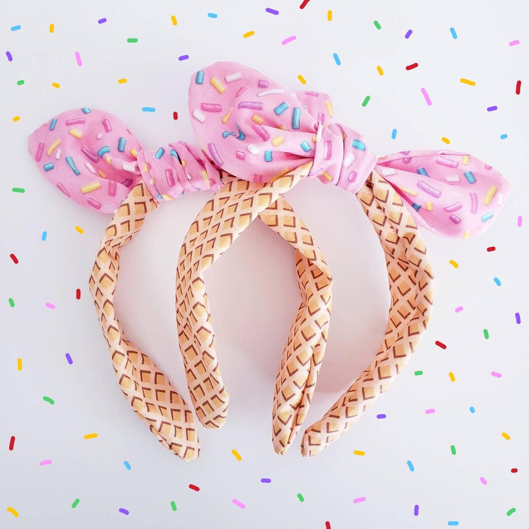 1 Ice Cream Headband / Sprinkles Bow / birthday Knotty Bow / knotted bow One size fits most / For adult or child. BENDY BAND inside