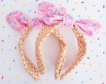 1 Ice Cream Headband / Sprinkles Bow / birthday Knotty Bow / knotted bow One size fits most / For adult or child. BENDY BAND inside