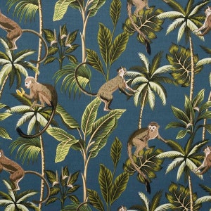 May include: A blue fabric with a repeating pattern of monkeys and tropical plants. The monkeys are brown and have long tails. The plants are green and have large leaves.