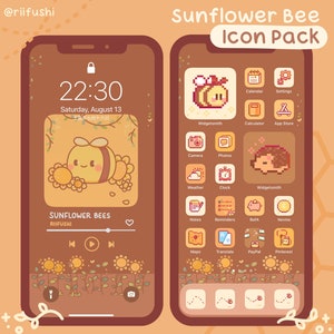 Conjunto de iconos de la aplicación Girasol Bee / Paquete estético Kawaii para escritorio de Android IOS