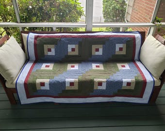 Log cabin green and blue throw quilt