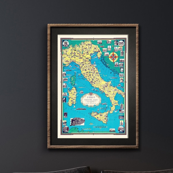 Italy Map Blue Map of Italy Vintage Wall Art Classroom Wall Map Classic Wall Art Rome Capital City Vatical City Canals of Venice Colosseum