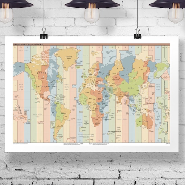 Large World Map with Standard Time Zones of the World Geographical Map of the World Classroom Art Poster World Map Wall Art Office wall Art