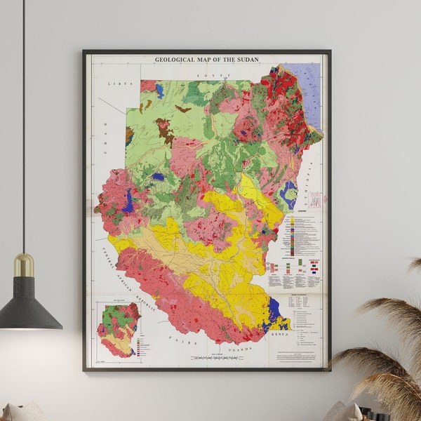 Geological Map of Sudan Vintage Style Map of Sudan 1981 Country of Africa Classic Wall Decor Classroom Map Giza Pyramids Cultural Map