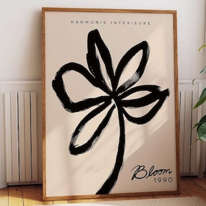 Impression d'art au trait Bloom 1990 - Illustration minimale de fleurs avec citation « Harmonie intérieure » - Poster, cadre et impression sur toile