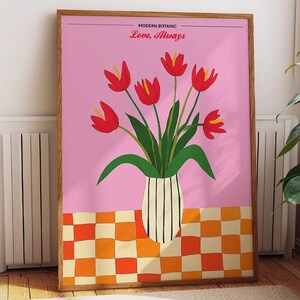Lámina artística "Love Always Tulip" - Flores rojas botánicas modernas en jarrón con mesa de cuadros - Póster, marco e impresión en lienzo