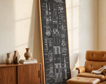 May include: A tall, rectangular framed wall art piece featuring a detailed white technical blueprint of the Saturn V rocket on a black background. The print includes various diagrams, labels, and the text Saturn V, displayed in a light wood frame.