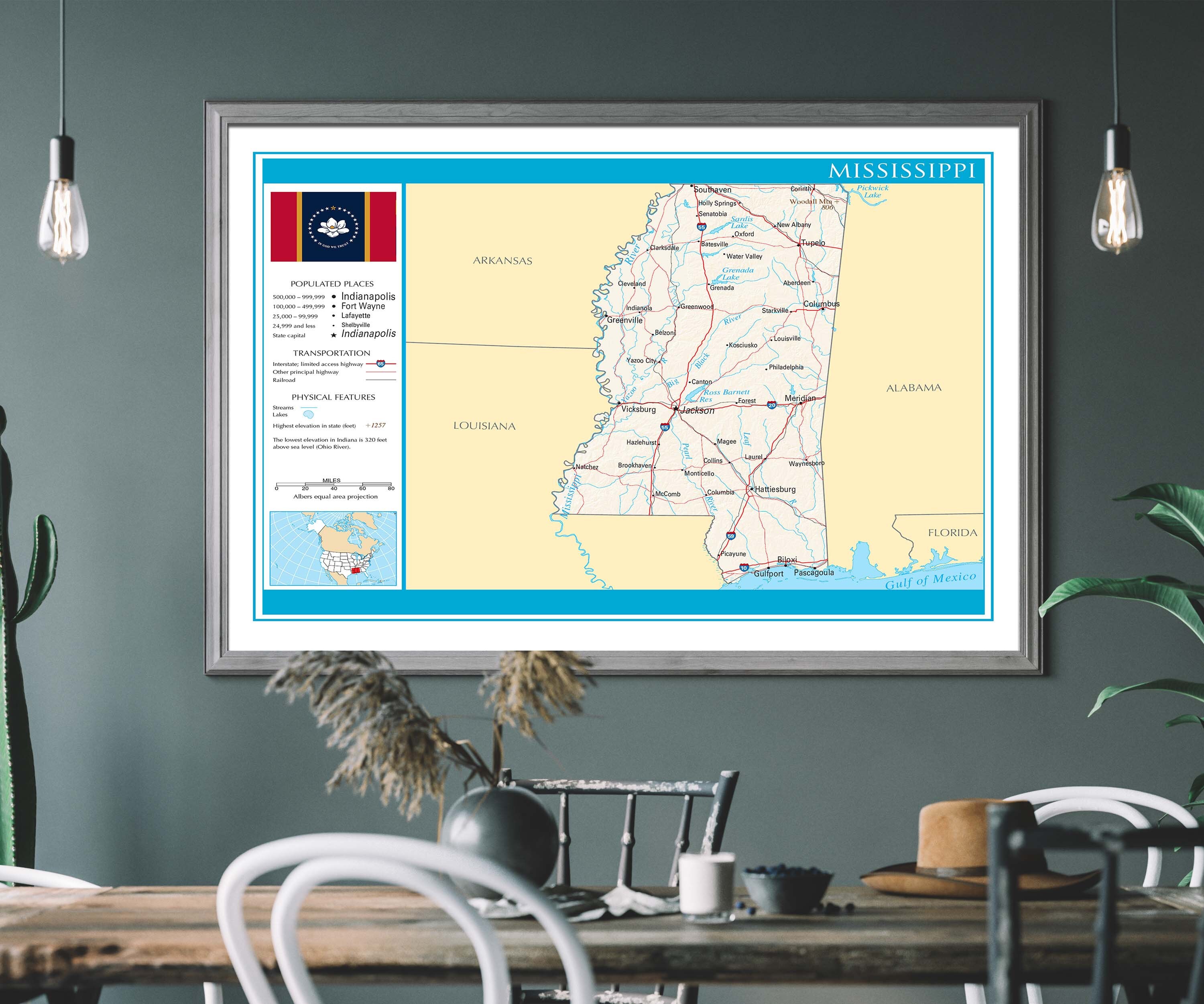 USA State Map Mississippi City Wall Poster Travelers Gift Decorative