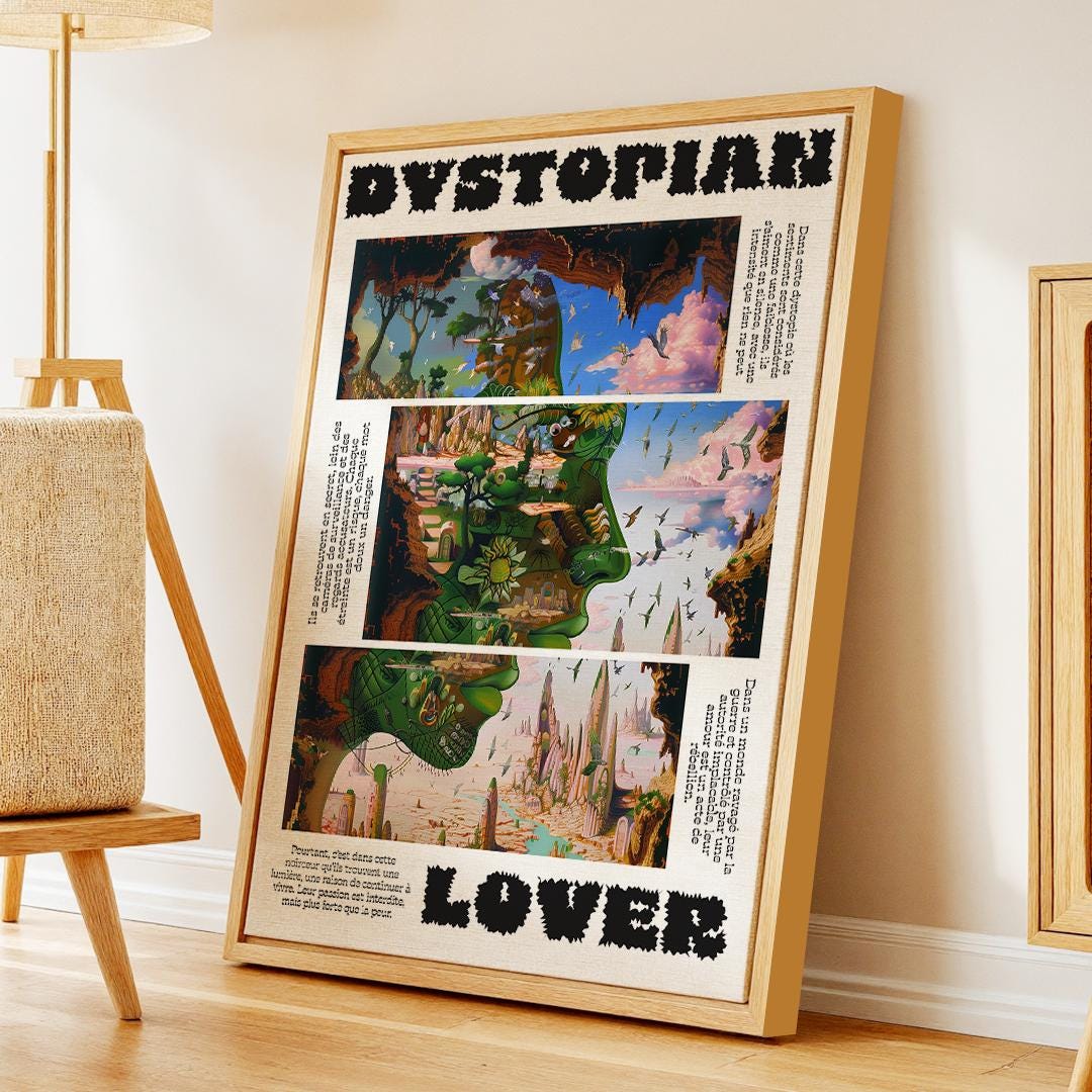 Surreal Sci-Fi Romance Poster – Dystopian Lovers in Fantasy Dreamscape – Framed and Canvas Print