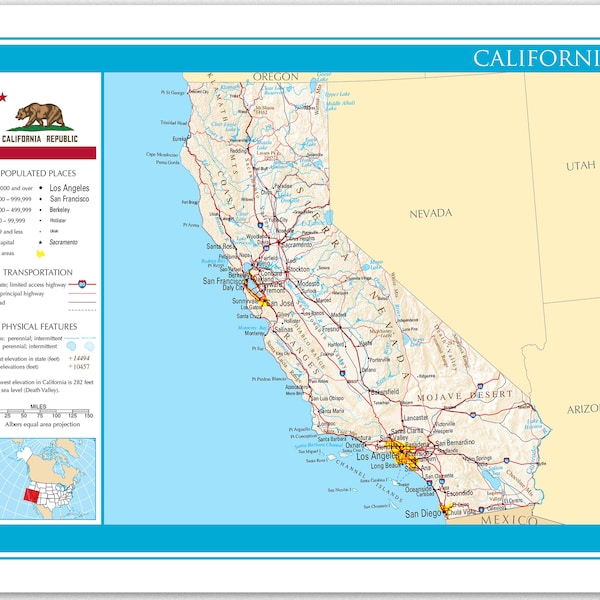 California Map Poster / Carte détaillée de California Wall Map Home Wall Art / City Map Prints California Prints California Poster Gifts Decor