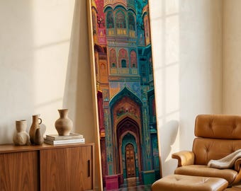 Arco indiano su tela verticale / Vibrante arte murale in stile palazzo Mughal / Decorazione Rajasthani