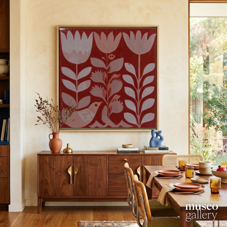 Red Tulip Square Canvas | Folk Bird Among Tulips Cream Wall Art - Etsy ...